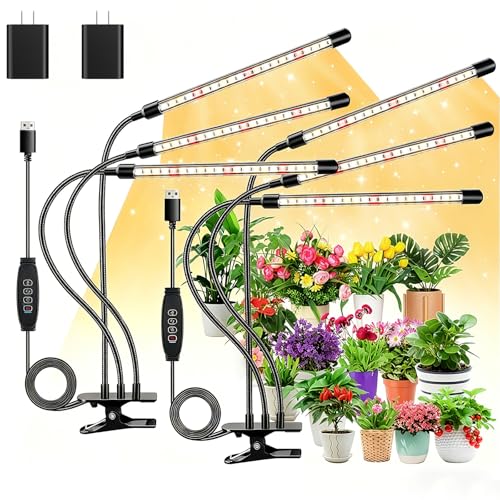 LED Grow Lights for Indoor Plants, 3Heads Grow Lights for Seed Starting, 10 Dimmable Levels & 3 Timer Modes (3/9/12H), Adjustable 360° Gooseneck with Clip, Plant Grow Light 2 Pack