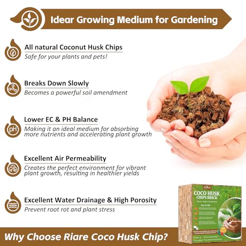 Riare 10LB Organic Coco Coir Chips for Plants Coconut Husk Substrate | Low EC & pH Balanced, Superior Drainage & Aeration, High Expansion & Moisture Retention, Mulch for Orchids, Herbs, Soil Mix