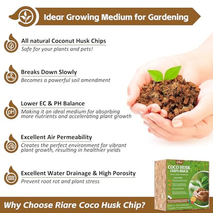 Riare 10LB Organic Coco Coir Chips for Plants Coconut Husk Substrate | Low EC & pH Balanced, Superior Drainage & Aeration, High Expansion & Moisture Retention, Mulch for Orchids, Herbs, Soil Mix