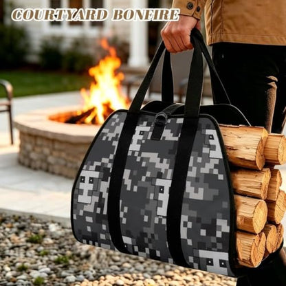 Skull Camo Print Log Tote Bag Firewood Hauling Carrier | Water Resistant Material, Open-Ended Design, Large Capacity, for Fireplace Owners, Hikers and Camping Fanatics - color: Gray Pixel Skull Digital Camo Print