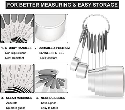 Wildone Stainless Measuring Cups and Spoons Set with Silicone Handle, 16pcs | 8 Measuring Cups and 8 Measuring Spoons, Nesting Design, Heavy Duty for Measuring Dry/Liquid Ingredients, Gray - color: Gray