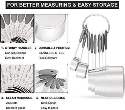 Wildone Stainless Measuring Cups and Spoons Set with Silicone Handle, 16pcs | 8 Measuring Cups and 8 Measuring Spoons, Nesting Design, Heavy Duty for Measuring Dry/Liquid Ingredients, Gray - color: Gray
