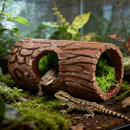 Realistic Tree Trunk Hideout with Artificial Moss, Resin Reptile Shelter for Crested Geckos, Tree Frogs & Aquarium Fish, 14.8x7.2cm Natural Decor for Terrariums(as Shown)