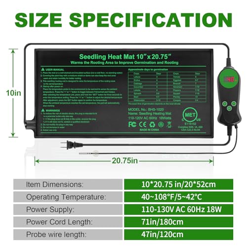 Seedling Heat Mat with Built-in Temperature Controller (2 Pack), 10" x 20.75" Plant Heating Pad with Thermostat for Indoor Seed Starting Germination Hydroponics Waterproof - size: 10" x 20.75" in Thermostat 2 Pack
