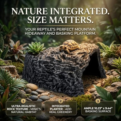 Extra Large Reptile Hide Cave, Resin Rock Habitat Decor, Basking Platform for Terrarium & Aquarium, Oversize Hideout for Bearded Dragons, Lizards, Snakes, Turtles (9.25" L x 8.07" W x 4.92" H)