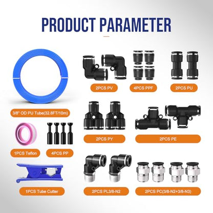 3/8 OD Inch Air Line Hose Tubing Kit Poly Airline Blue | Polyurethane Compressed Pneumatic Compressor Repair Kit With Push To Connect Fittings - color: Blue, size: 3/8" OD