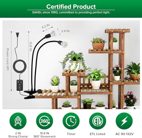 SANSI LED Grow Lights for Indoor Plants, Lifetime Free Bulb Replacement | 300W Full Spectrum 2-Gooseneck Clip Plant Grow Light, Plant Light with Timer 4/8/12 Hrs, High PPFD Growing Power Grow Lamp - size: 2 Head 1 Pack