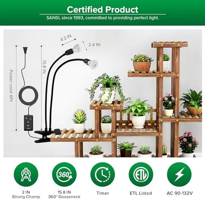 SANSI LED Grow Lights for Indoor Plants, Lifetime Free Bulb Replacement | 300W Full Spectrum 2-Gooseneck Clip Plant Grow Light, Plant Light with Timer 4/8/12 Hrs, High PPFD Growing Power Grow Lamp - size: 2 Head 1 Pack