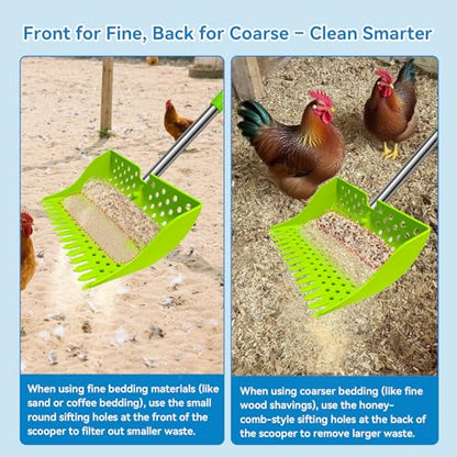 12" 2-in-1 Chicken Poop Scooper & Rake (US Patent No. D1124534), 3-Shape Sifting Holes Chicken Coop Rake, Stainless Steel Handle (20–61") - Litter Scoop Sand & Sifting Shovel (Green) - color: Green