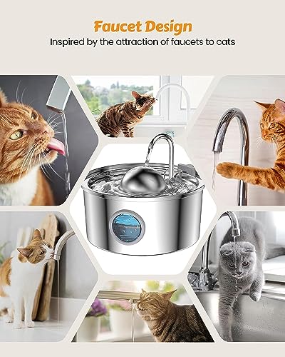 AONBOY Cat Water Fountain with 6 Filters + 3 Sponge Filters | 108oz/3.2L Cat Fountain Stainless Steel with Water Level Window Faucet Shape Dog Water Fountain Multi Filtration
