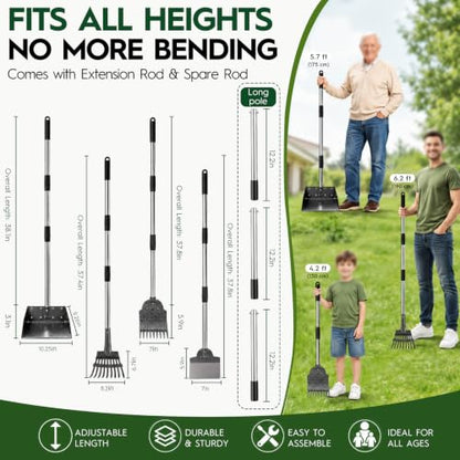 Dog Pooper Scooper for Large Dogs，10.25"X9.26" Extra Large Tray | Free with three extension rods, Reduce the frequency of garbage trips, for Large, Medium, Small Dogs & Multi-Dog Households - size: Extra Large 4-Pc Set