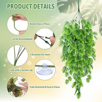 12 Pcs Reptile Plants Terrarium Hanging Plant Vines Artificial Leaves with Suction Cups Climbing Foliage for Bearded Dragon Lizard Gecko Snake Tank Accessories Decor (Lush Series) - style: Lush Series