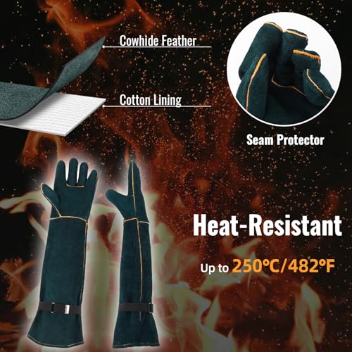 Animal Handling Gloves - 23.6 inch Bite Proof Gloves, Anti Scratch Cowhide Leather for Cat Grooming, Snake Animal Handling - color: Green