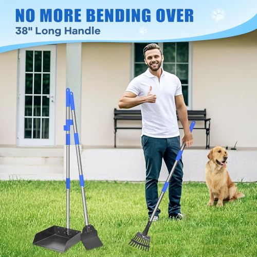 Larger Pooper Scooper Dog Pooper Scooper for Large Medium Small Dogs Heavy Duty Stainless Steel with Long Handle Tray Rake Shovel for Yard - color: 1. Blue