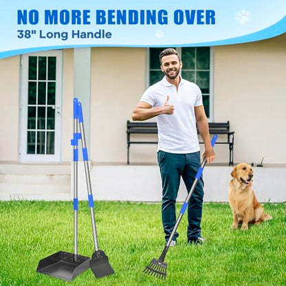 Larger Pooper Scooper Dog Pooper Scooper for Large Medium Small Dogs Heavy Duty Stainless Steel with Long Handle Tray Rake Shovel for Yard - color: 1. Blue