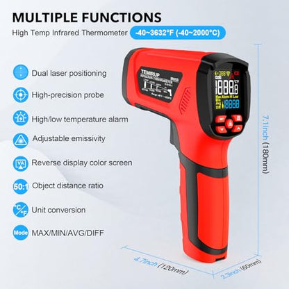 Infrared Thermometer Temperature Gun, -40℉-3632℉, Non Contact Digital Laser Thermometer Pyrometer 50:1 High Temp with Color LCD Display for Industrial HVAC Forge Metal Smelting - color: Red -40°F-3632°F (-40-2000°C)