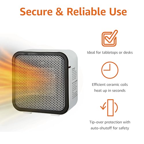 Amazon Basics Ceramic Space Heater, Portable Mini Heater for Office Desk, 500W, With Tip-Over Protection, Lightweight 1.4 lbs, White, 5.9"D x 3.2"W x 6"H - size: 5.9 x 3.2 x 6 inches
