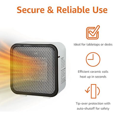 Amazon Basics Ceramic Space Heater, Portable Mini Heater for Office Desk, 500W, With Tip-Over Protection, Lightweight 1.4 lbs, White, 5.9"D x 3.2"W x 6"H - size: 5.9 x 3.2 x 6 inches