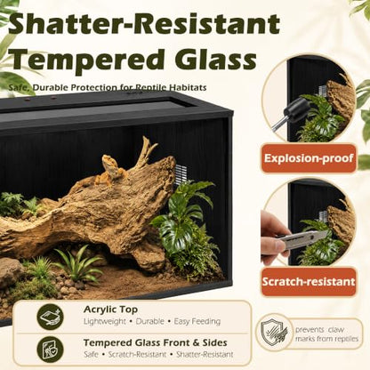 Bearded Dragon Tank, Reptile Enclosure, Tempered Glass Lizard Tank, Bearded Dragon Enclosure with Built-in Lamp Fixture and Wooden Roof for Chameleon (24x16x16 Inch, Black) - color: Black, size: 30 gallons