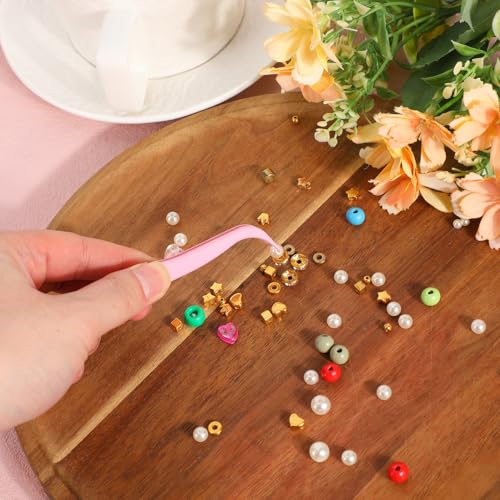 12pcs Plastic Tweezers, 11.5cm/4.5in Non-Slip Grip Bent Tip Jewelry Tweezers Crafts Baking Decorations & Reptile Feeding for DIY Jewelry Making Kids (Pink)