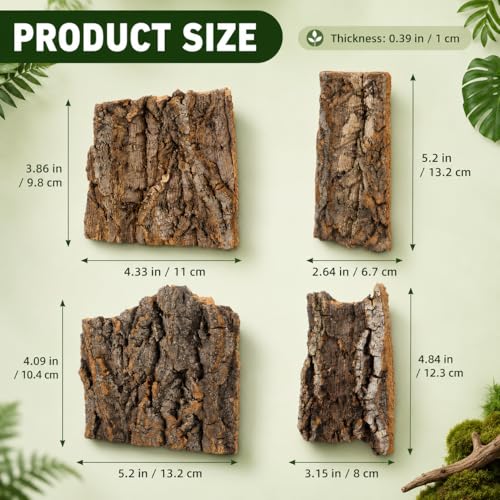 SHINEOFI 4 Pack Natural Cork Bark Reptile Hides for Terrariums | Random-shaped bark pieces for hides, basking platforms and enclosure landscaping for geckos, lizards, snakes and tortoises