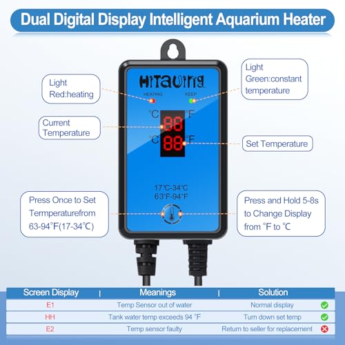 HiTauing Aquarium Heater, Upgraded 100W Fish Tank Heater with Intelligent Leaving Water Automatically Stop Heating and Advanced Temperature Control System, Suitable for Saltwater and Freshwater - size: 100W for 10-20 Gallon