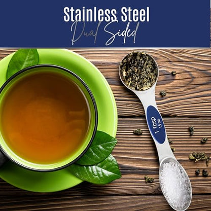 Magnetic Measuring Spoons Set of 9 Stainless Steel Dual-Sided Stackable Measuring Spoon Nesting Teaspoons Measuring Dry and Liquid Ingredients, Fits in Spice Jars Set of 9 (Sapphire) - color: Sapphire