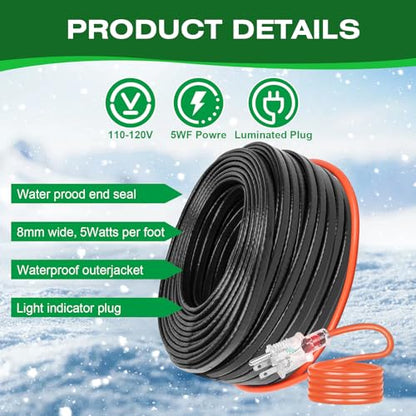 3FT-200FT Pipe Heating Cable for Water Pipes, Heat Tape for Water Pipe | Heat Cable for Water Pipes(Metal and Plastic), Pipe Heat Tape Keeps Water Flowing at -40°F 5w/ft, 120V Plumbing