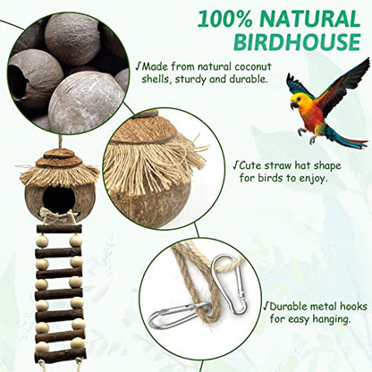 Tfwadmx Hanging Bird House with Ladder Natural Coconut Fiber Birds Nest Coco Shell Hideaway Lovebird Swing Toys Parrot Cage Accessories for Parakeet Finch Parrot Canary