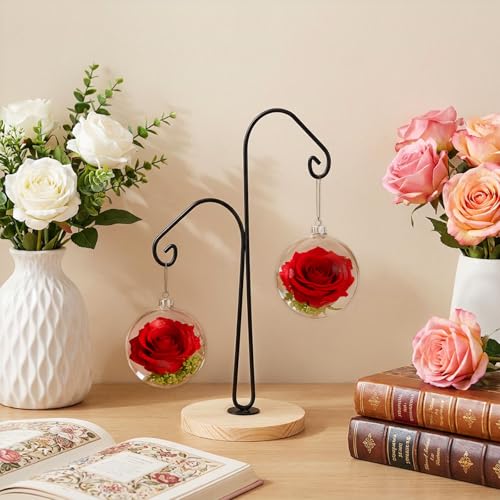 WRINGKIT 4 Pack Ornament Display Hanger Stand, Wood Base, Double Hook-Style | Sturdy Ornament Holder, Metal Air Plant Flower Pot Hanging Terrarium Stand for Christmas Halloween Decoration, Glass Globe