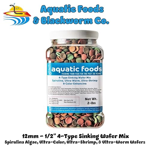 4-Type 12mm-1/2" Sinking Wafer Mix for Bottom Fish, Tropicals, 2-lb Md Jar | Spirulina-Algae, Ultra-Worm, Ultra-Shrimp, Color Enhancing Wafers For Shrimp, Snails, Crabs, Crayfish, All Tropical Fish - size: 2 Pound (Pack of 1)