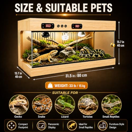 Reptile Terrarium for Lizard Tortoise Snake – Dual Thermostat Reptile Enclosure Stackable Wooden UV Coated with Ceramic Lamp Holder, Waterproof Easy Clean 3-Side Ventilation Anti-Escape (40x20x20 in) - size: 40x20x20 in