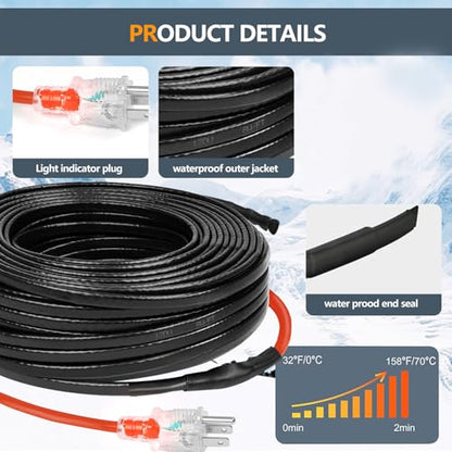 50FT Heating Cable for Metal and Plastic Home Pipes, Energy-efficient | Pipe Heat Tape for Water Pipes, Pipe Freeze Protection, Keeps Water Flowing at -40℉, 120V (50FT) - size: 50FT