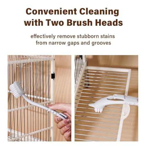 MANON ROSA Bird Cage Cleaner with Two Brush Heads Long Handle Tool for Cleaning Bird Parrot Cages Kennels Perches