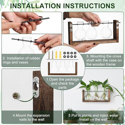 YIBOT Wall Hanging Planter Propagation Station 3 Bulb Glass Flower Vase | Plant Terrarium with Wooden Stand, Hydroponics Plants, Bathroom, Home Office Living Room Decor Gift - size: 3Bulb-M