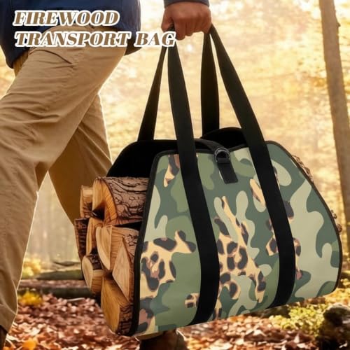 Leopard Camo Print Firewood Log Carrier Tote Bag | Water Resistant, Adjustable Buckle, Open-Ended Design, Suitable for Fireplace, RV Camping and Bonfire - color: Jungle Green Leopard Camo Mix Print