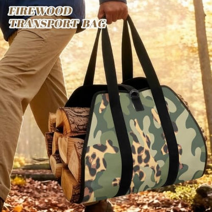 Leopard Camo Print Firewood Log Carrier Tote Bag | Water Resistant, Adjustable Buckle, Open-Ended Design, Suitable for Fireplace, RV Camping and Bonfire - color: Jungle Green Leopard Camo Mix Print