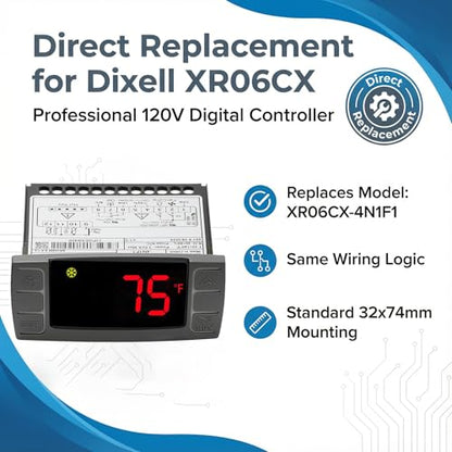 XR06CX-4N1F1 120V Temperature Controller Compatible with Dixell, 120V | 120V, XR06CX-4N1F1 replacement, dual NTC probes, for commercial refrigerators and freezers - style: XR06CX-4N1F1