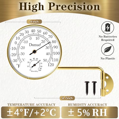 4-Inch Golden Brass Outdoor Thermometer & Humidity Gauge, Analog Dial | Weatherproof Battery-Free Analog Hygrometer, °F/°C Dual Scale, Adjustable Swivel Bracket for Patio, Window & Greenhouse - size: 4inch gloden case+ white dial