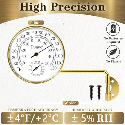 4-Inch Golden Brass Outdoor Thermometer & Humidity Gauge, Analog Dial | Weatherproof Battery-Free Analog Hygrometer, °F/°C Dual Scale, Adjustable Swivel Bracket for Patio, Window & Greenhouse - size: 4inch gloden case+ white dial