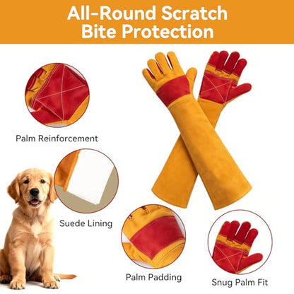 Animal Handling Gloves – Bite-Proof, Multi-purpose, Pet Leather Gloves with Padding - color: Yellow, size: 23.6