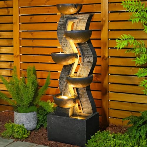 52.8" Tall Outdoor Water Fountain with Lights, 6-Tier Cascading Resin Waterfall Feature for Porch, Garden, Yard, Deck, Patio – Large Freestanding Outdoor Fountain and Waterfall Outside Decor - color: Brown, size: 52.8inch