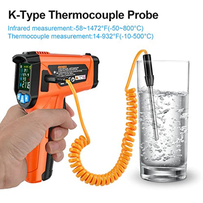 Infrared Thermometer Gun, Non Contact Digital Laser Thermometer Temperature Gun with Color LCD for Cooking, Home Repairs, Humidity Measurement, Adjustable Emissivity -58°F to 1472°F(-50~800°C) - color: Orange -58℉~1472℉(-50℃~800℃)