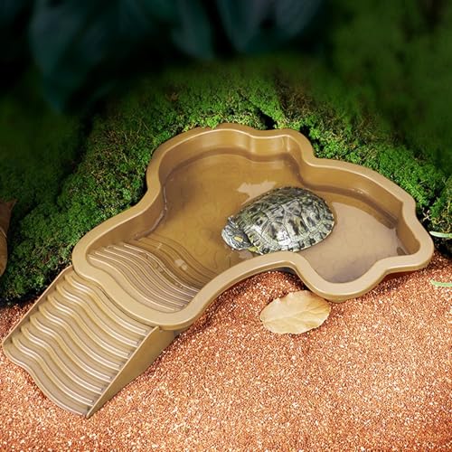 Reptile Bathing Pool Large, Tortoise Water Dish with Ramp, Aquarium Ornament, Reptile Feeding Dish Water Bowl, Lightweight Basin, Easy Clean Design, for Gecko, Turtle, Bearded Dragon - color: Brown