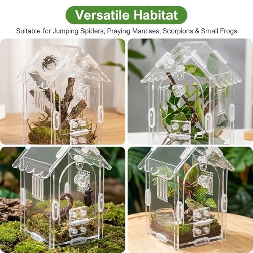 Jumping Spider Enclosure, Acrylic Terrarium with Magnetic Front Door, Includes Tweezers and Aquarium Thermometer Strip, Habitat for Mantis, Arboreal Tarantulas & Snails