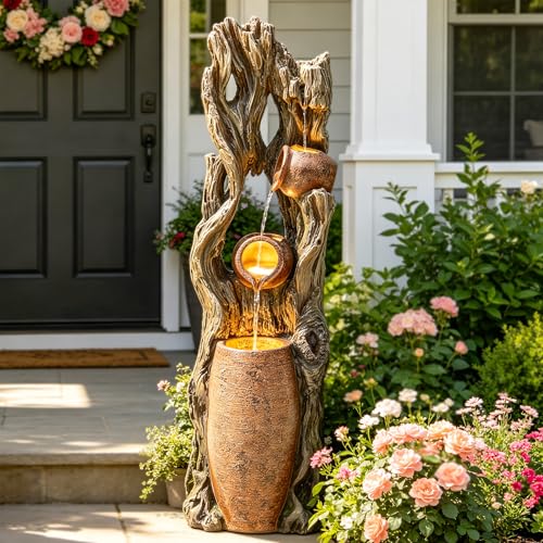 42.7" 3-Tier Outdoor Water Fountain LED Tree Trunk Jar Waterfall | vintage terra-cotta pots, patio backyard garden,Serene Relaxing Porch Decor - color: 43"h Weathered Trunk