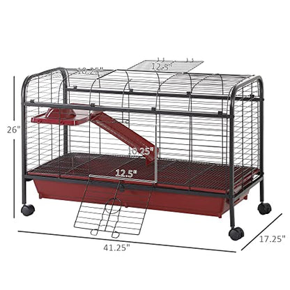 PawHut 41" L Small Animal Cage Rabbit Hutch with Feeder, Rolling Wheels Red | Ferret Pet Play House, Platform, Ramp - size: 41.5"L x 17.3"W x 26.0"H