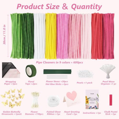 Cwczhi 600 PCS Pipe Cleaners Craft,9 Colors Pipe Cleaner Bulk Flower Kit | with Instructions,Floral Wires,Stamen,Wrapping Paper& Ribbon,Art and Craft Supplies - color: pink-2