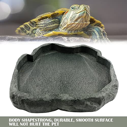 Reptile Water Dish Bowl Resin Rock Reptile Food and Water Feeder Pet Aquarium Ornament Terrarium Plate for Tortoise Lizard (Drak Green Large)