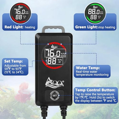 AQQA 1000W Aquarium Heater, Fish Tank Heater with Digital Thermostat | Over-Temperature and Dry-Run Protection, for Over 150 Gallon Freshwater, Saltwater, Turtle Betta Fish Tank Aquarium - size: 1000W for 172-227 gallon
